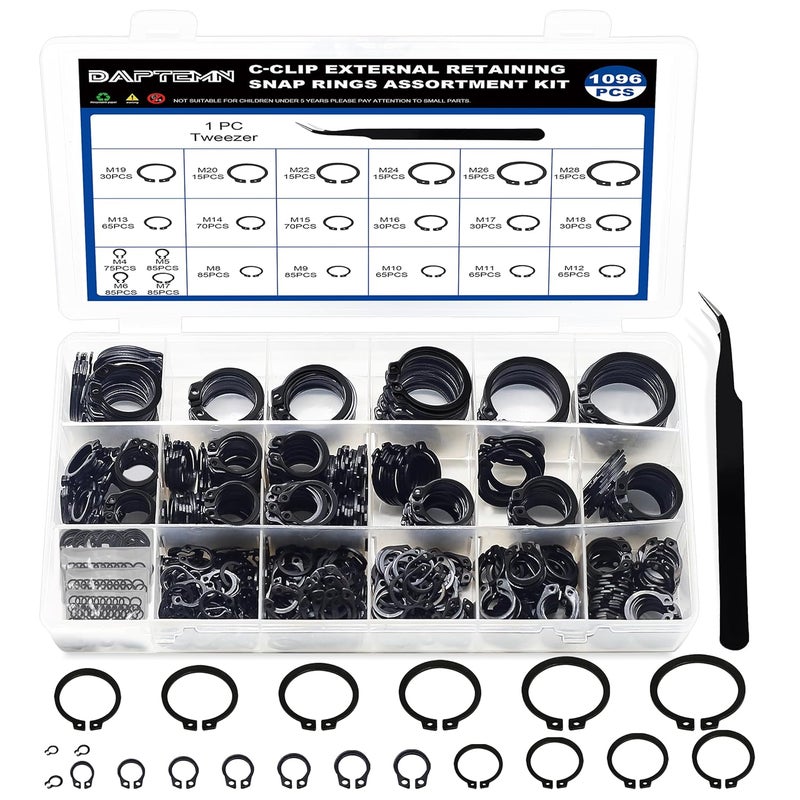 Daptemn External Retaining Rings Assortment Kit, 1095 PCS Circlip Snap Retaining C-Clips Black Alloy Steel Rings and 1 PC Tweezers, Includes Sizes of M4-M28 - Image 1
